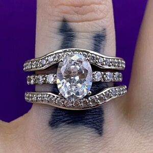 💛 925 Silver CZ Engagement & Wedding Ring Set | Triple Band Halo Wrap